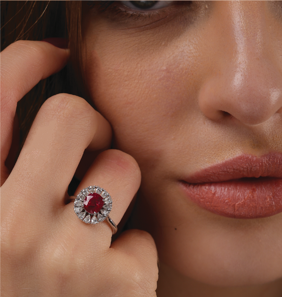 Crimson Bloom Ruby & Diamond Halo Ring