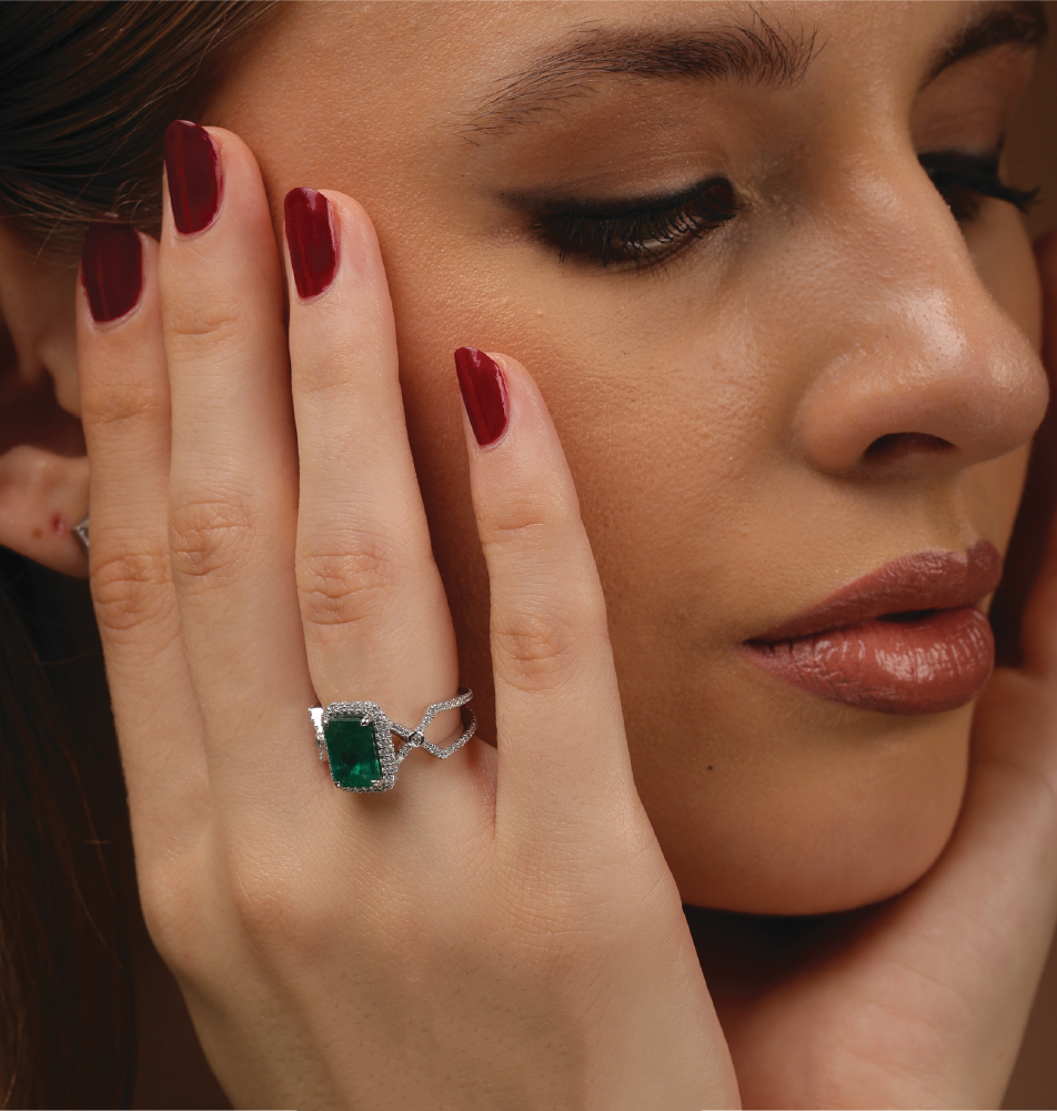 Emerald Elegance Diamond Halo Gold Ring