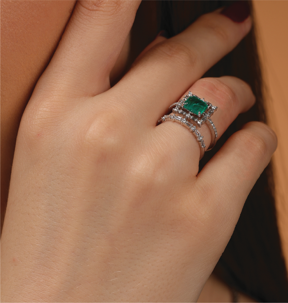 Verdant Charm Emerald & Diamond Dual-Band Ring