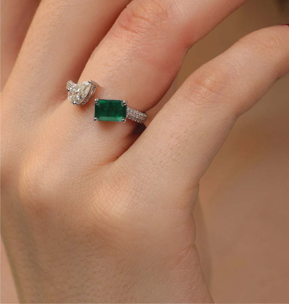 Whispering Harmony Emerald & Diamond Open Ring Main image