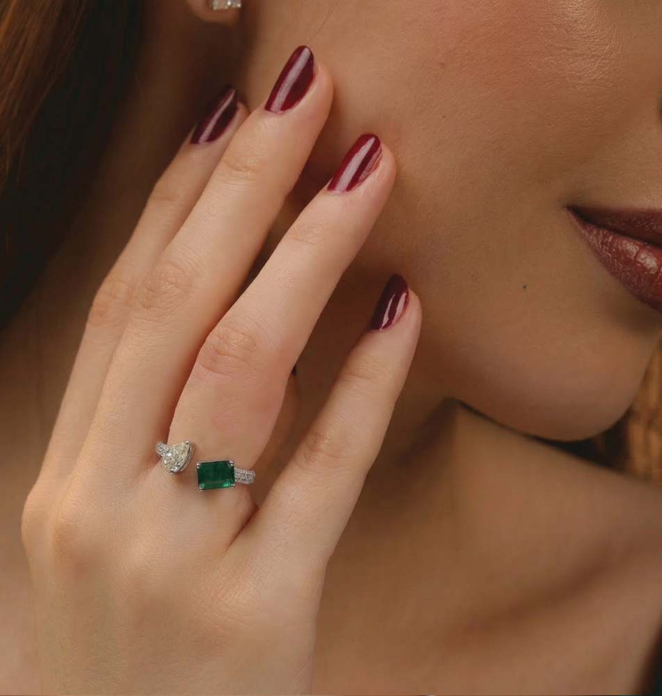 Whispering Harmony Emerald & Diamond Open Ring Secondary image